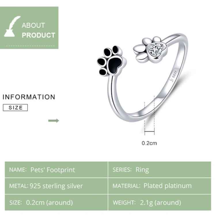 S925 Sterling Silver Cute Pet Paw Print Open Ring Black Dripping Ring