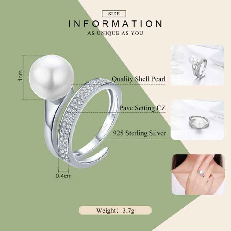 S925 Sterling Silver Elegant Ladies Ring Platinum Plated Diamond Pearl Ring
