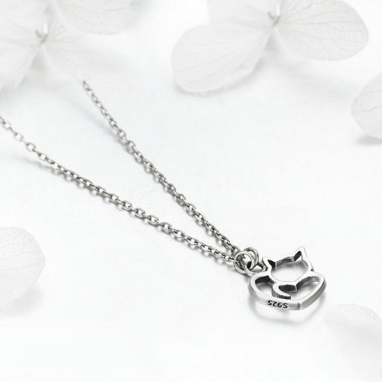 Cute Cat S925 Sterling Silver Lady Necklace With Zircon Inlaid Plain Silver Necklace, SCN188
