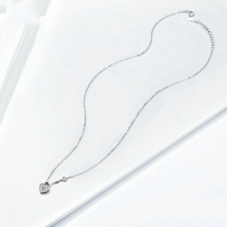 S925 Sterling Silver Platinum Plated Heart Lock Necklace Girls White Inlaid Zircon Key Jewelry, SCN315