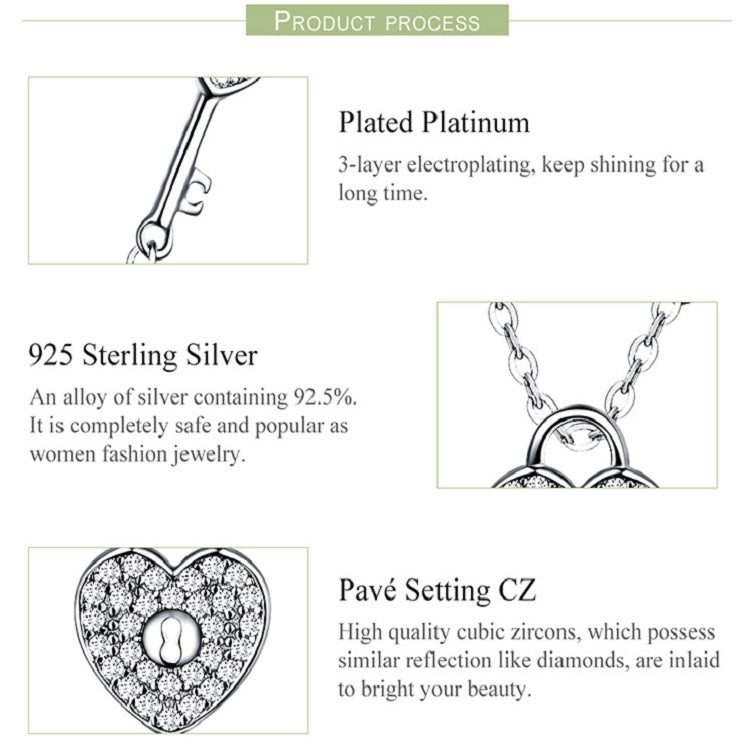 S925 Sterling Silver Platinum Plated Heart Lock Necklace Girls White Inlaid Zircon Key Jewelry, SCN315