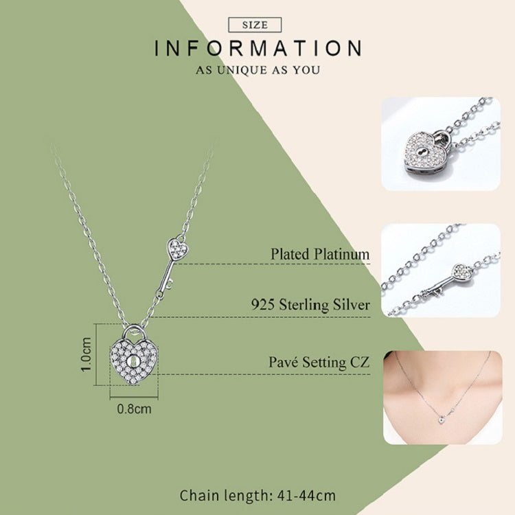 S925 Sterling Silver Platinum Plated Heart Lock Necklace Girls White Inlaid Zircon Key Jewelry, SCN315