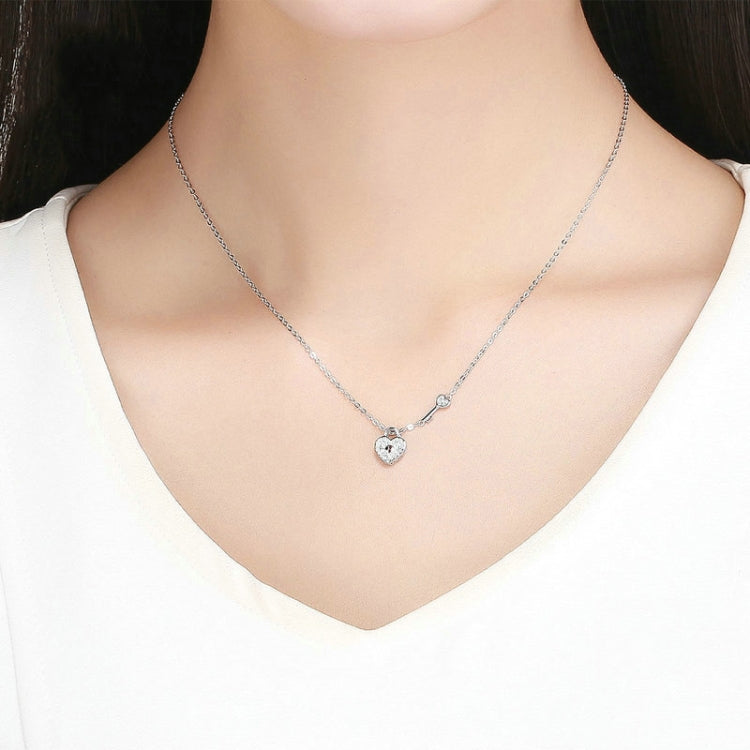 S925 Sterling Silver Platinum Plated Heart Lock Necklace Girls White Inlaid Zircon Key Jewelry, SCN315