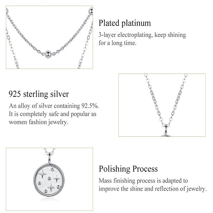 S925 Sterling Silver Platinum Plated Necklace Double Layer Small Star Light Silver Necklace, SCN365