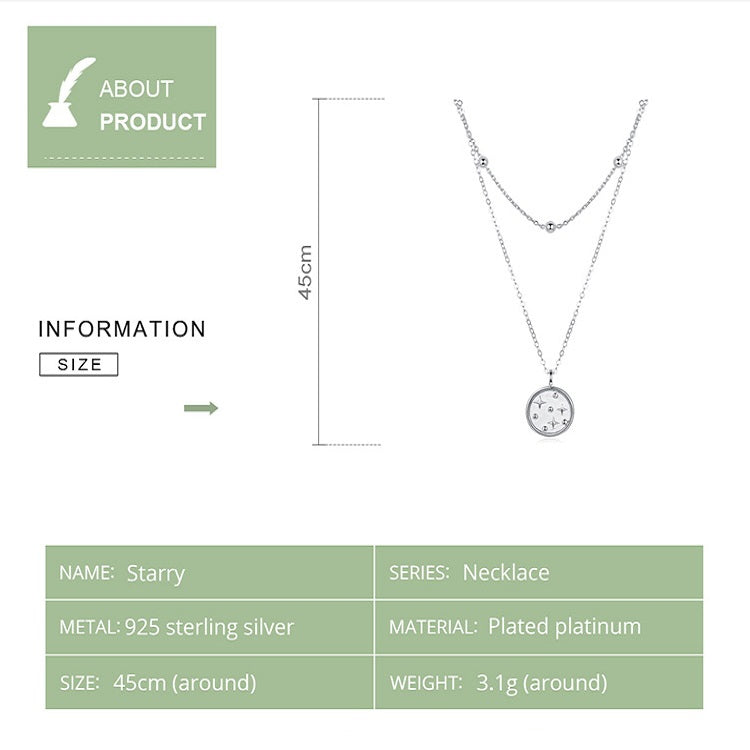 S925 Sterling Silver Platinum Plated Necklace Double Layer Small Star Light Silver Necklace, SCN365