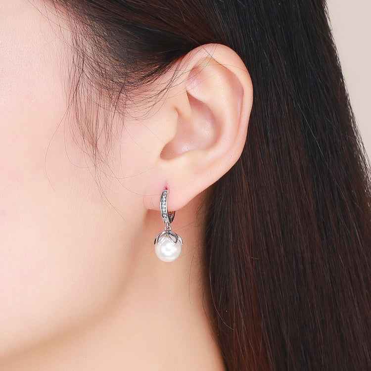 Round Shell Bead Earrings Simple Ladies Silver Earrings