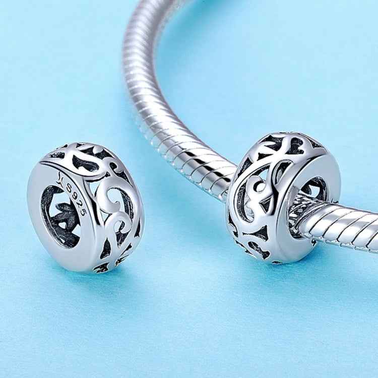 S925 Sterling Silver Vintage Curly Grass Pattern Love Heart-shaped Beads