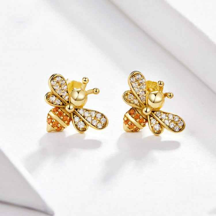 S925 Sterling Silver Earrings Golden Bee Inlaid Zircon Sterling Silver Stud Earrings