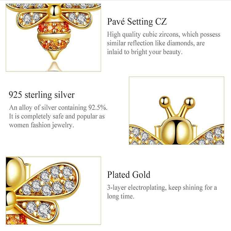 S925 Sterling Silver Earrings Golden Bee Inlaid Zircon Sterling Silver Stud Earrings