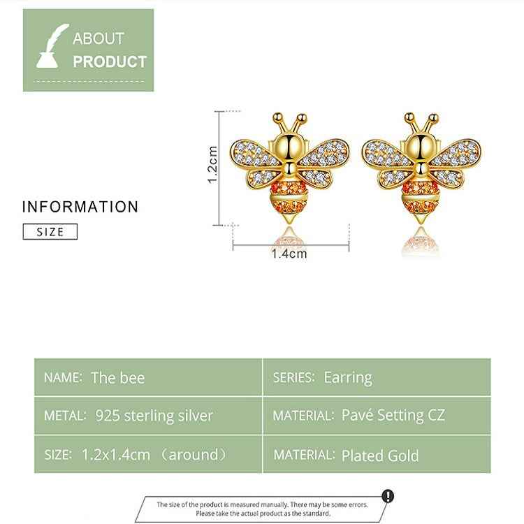 S925 Sterling Silver Earrings Golden Bee Inlaid Zircon Sterling Silver Stud Earrings