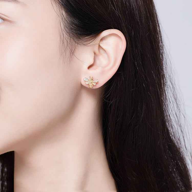 S925 Sterling Silver Earrings Golden Bee Inlaid Zircon Sterling Silver Stud Earrings