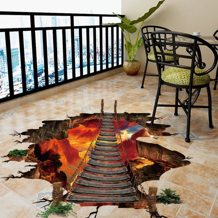 3D Flame Mountain Cable Bridge PVC Removable Floor Stickers, 3D Flame Mountain Cable Bridge