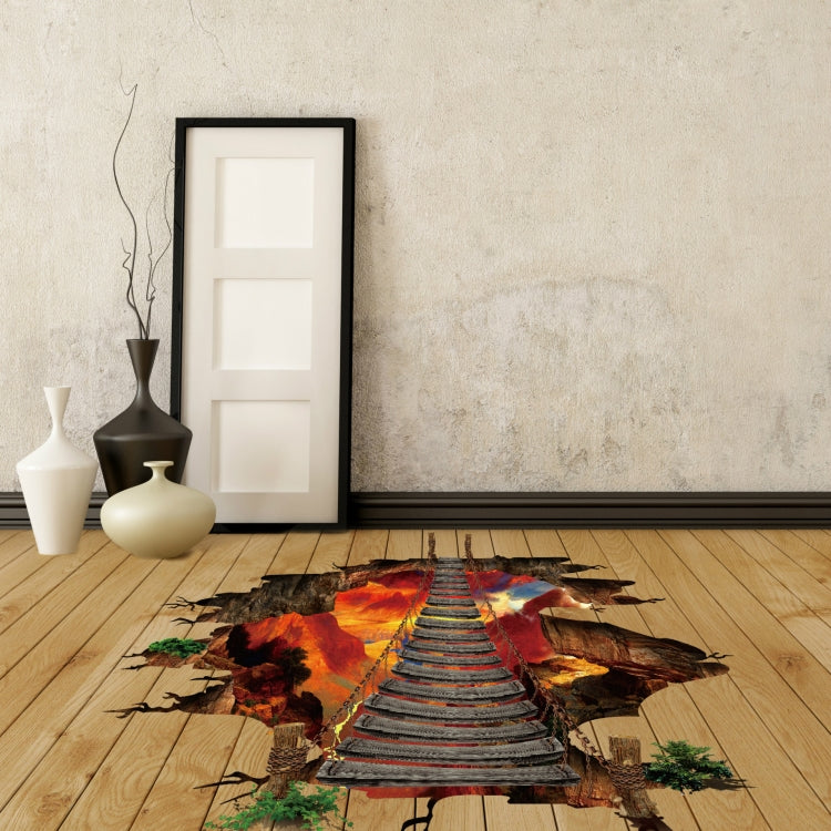3D Flame Mountain Cable Bridge PVC Removable Floor Stickers, 3D Flame Mountain Cable Bridge