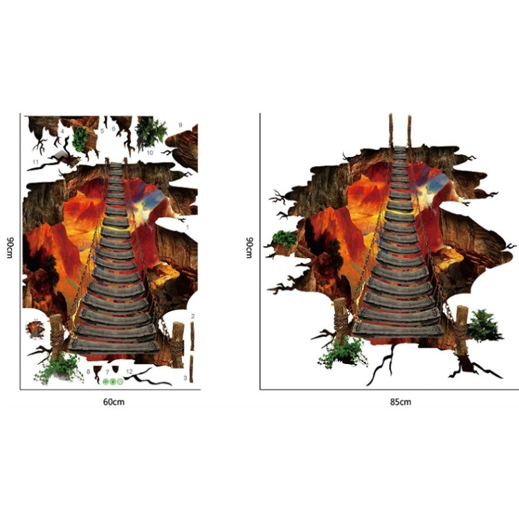 3D Flame Mountain Cable Bridge PVC Removable Floor Stickers, 3D Flame Mountain Cable Bridge