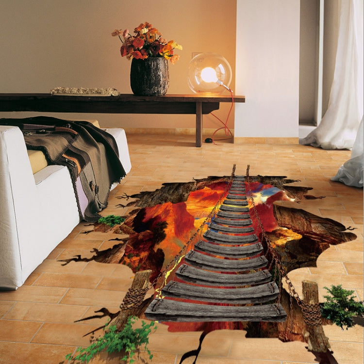 3D Flame Mountain Cable Bridge PVC Removable Floor Stickers, 3D Flame Mountain Cable Bridge