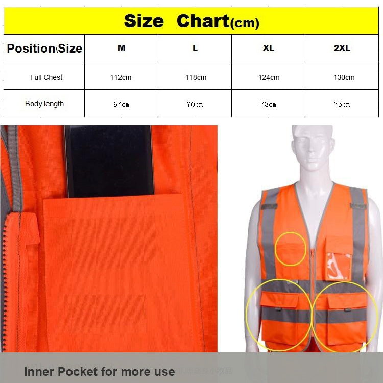 Multi-pockets Safety Vest Reflective Workwear Clothing, XXL-Chest 130cm, L-Chest 118cm, M-Chest 112cm, XL-Chest 124cm