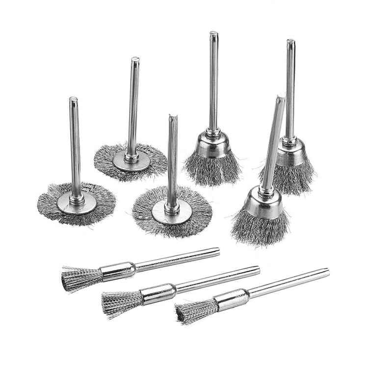 10 PCS Wire Brush Metal Descaling Polishing Brush To Remove Oxide Layer Flat Polishing Brush, Pen Shape 3×5MM, Pen Shape 3×8MM, Bowl Shape3×15MM, Bowl Shape3×25MM, Flat 3×25MM, Flat 3×38MM