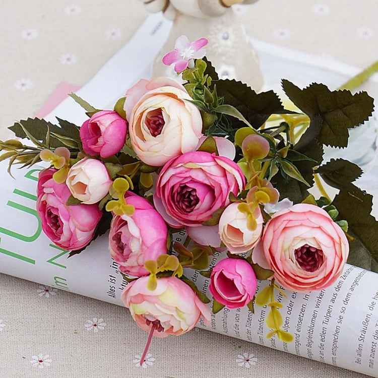 1 Bundle Retro Tea Roses Bride Bouquet Artificial Flowers, White, Light Pink, Red, Yellow, Gray Blue, Dark Pink, Light Purple