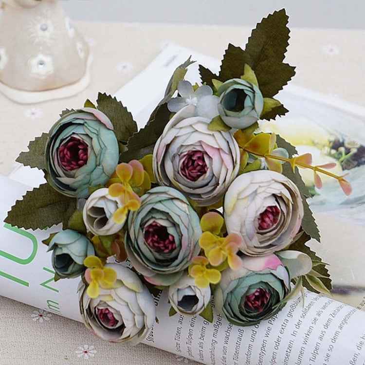 1 Bundle Retro Tea Roses Bride Bouquet Artificial Flowers, White, Light Pink, Red, Yellow, Gray Blue, Dark Pink, Light Purple