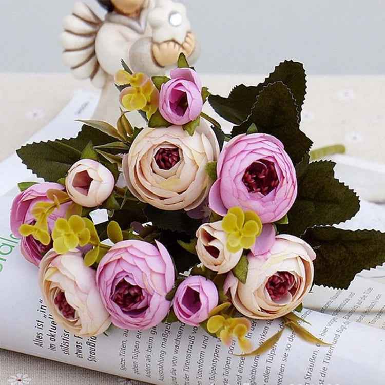 1 Bundle Retro Tea Roses Bride Bouquet Artificial Flowers, White, Light Pink, Red, Yellow, Gray Blue, Dark Pink, Light Purple