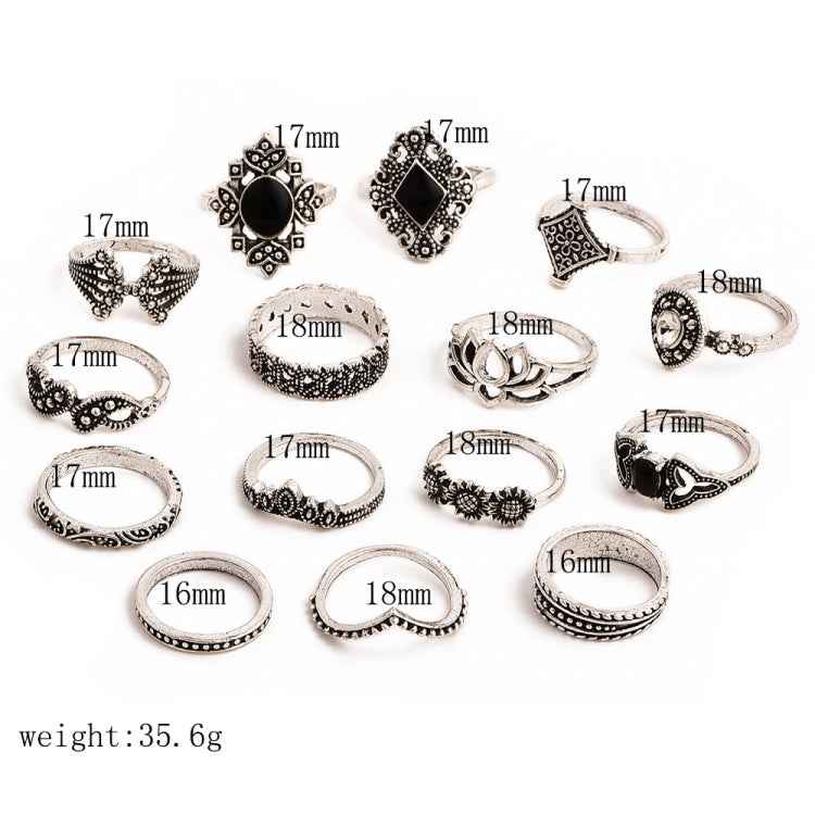 15 PCS Bohemian Retro Crystal Flower Leaves Hollow Lotus Gem Silver Ring Set