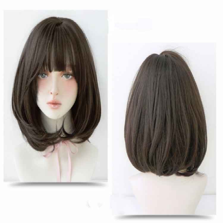 Female Short Hair With Bangs Wig Suitable For Round Face Shoulder Buckle Hair, Chocolate Color 40CM, Honey Pudding Black Top 40CM, Cold Brown 40CM, Black Brown 40CM