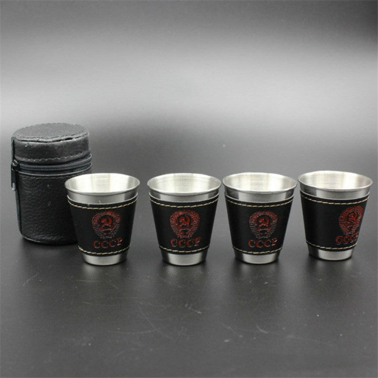 Ensemble de vaisselle de camping 4 en 1 70 ml, tasses de voyage, fournitures de pique-nique, tasses à vin, bière, whisky, en acier inoxydable, cuir PU