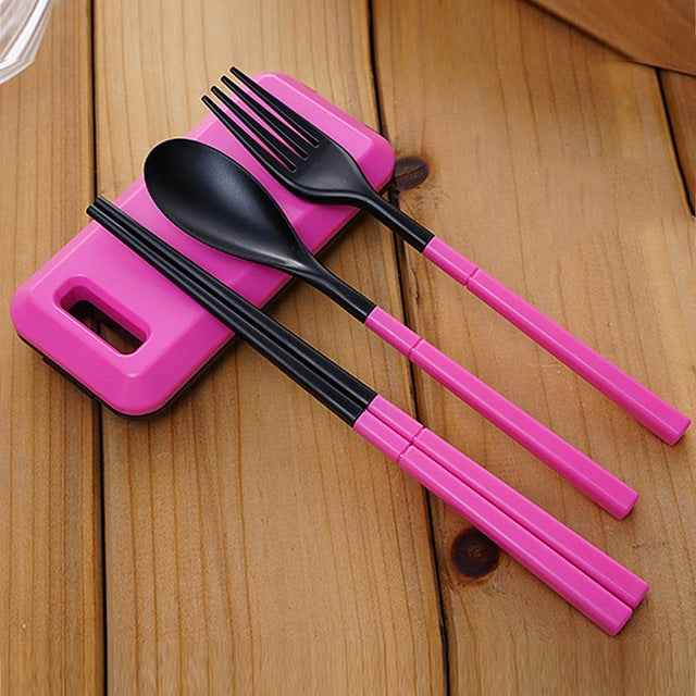 3 in 1 ABS Folding Dinnerware Cutlery Fork Chopsticks Set with Storage Box Outdoor Camping Hiking Traveling Tableware Set