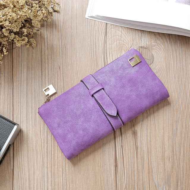 Solid Drawstring Nubuck Leather Zipper Long Women Wallet Phone Bag Purse Card Holder