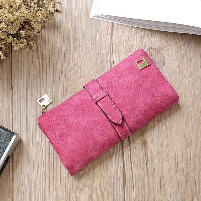 Solid Drawstring Nubuck Leather Zipper Long Women Wallet Phone Bag Purse Card Holder