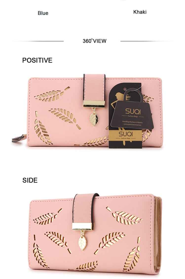 Long Gold Hollow Leaves Coin Purse Card Holders Wallet for Women