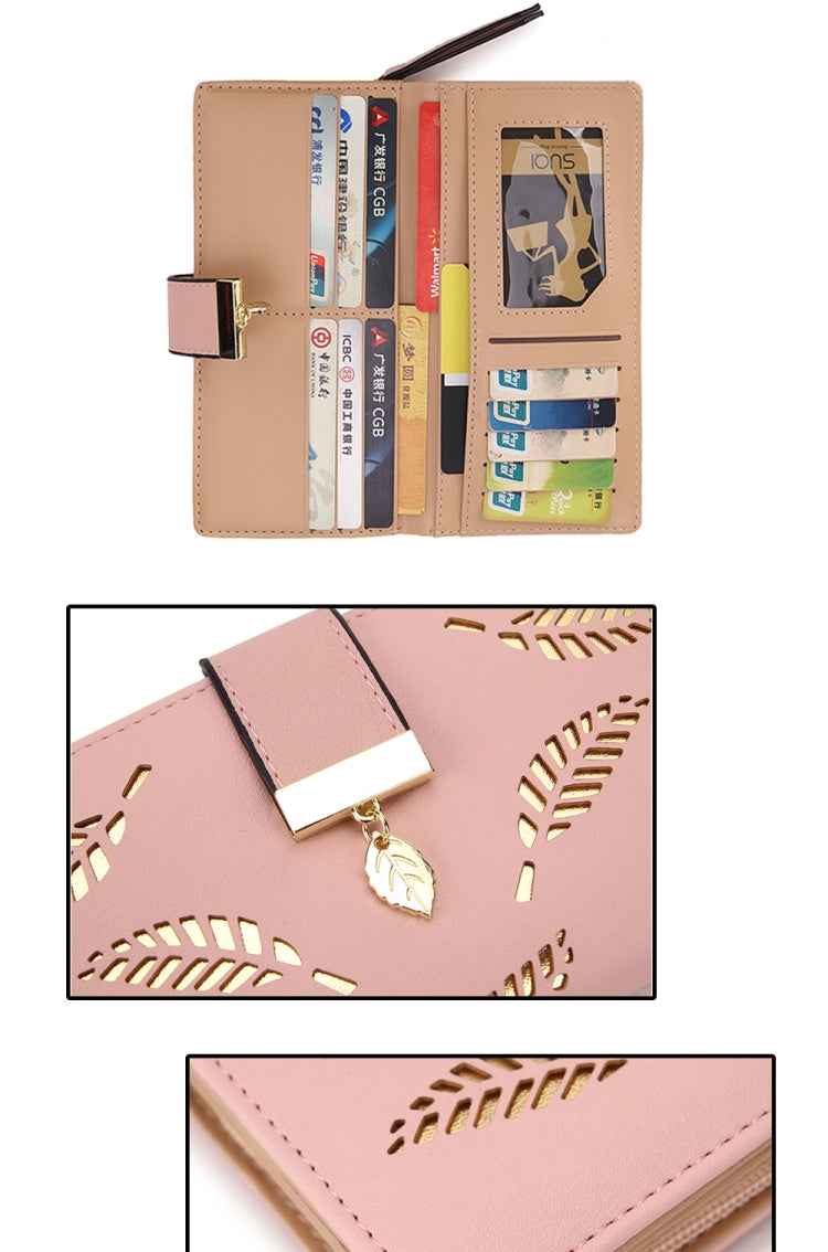 Long Gold Hollow Leaves Coin Purse Card Holders Wallet for Women