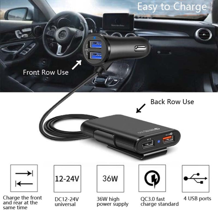 One For Four 8A Car Charger QC3.0 Fast Charge 4USB Car Front And Rear Seat Car Charger