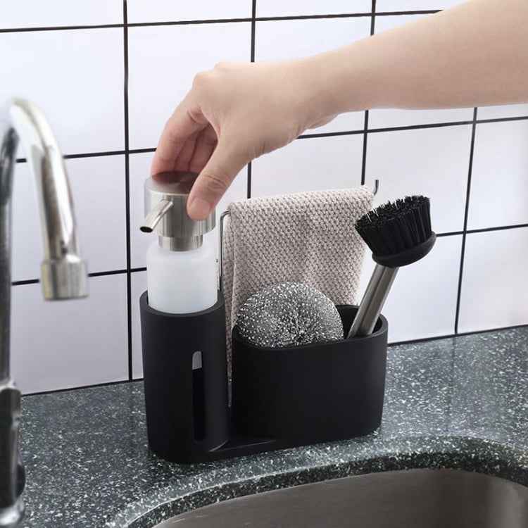 Soap Dispenser Kitchen Sink Steel Wire Ball Pot Brush Rag Storage Rack Set