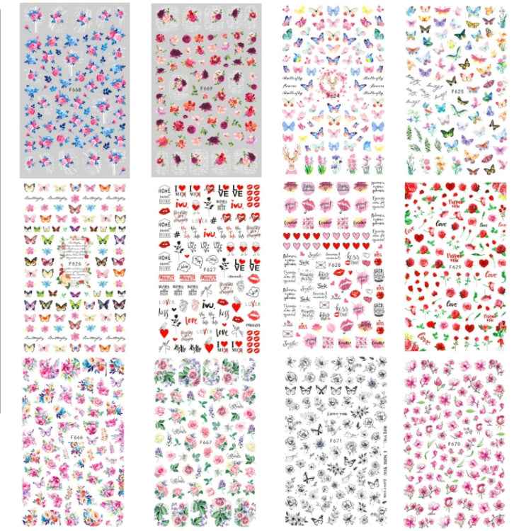 10pcs 3D Adhesive Butterfly Retro Rose Color Nail Art Sticker