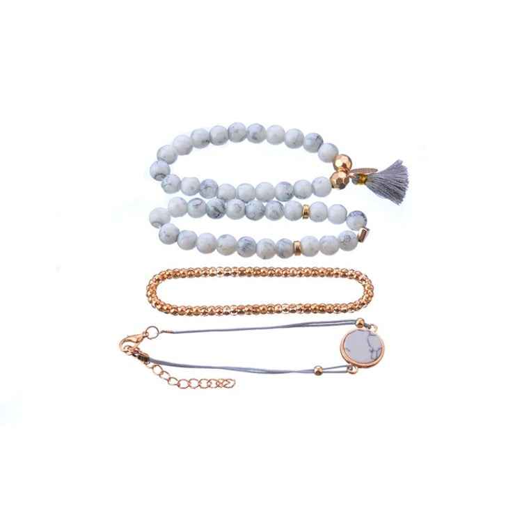 4 PCS/ Set Bohemian Charm Bead Bracelet Women Heart Marble Stone Tassel Bangles