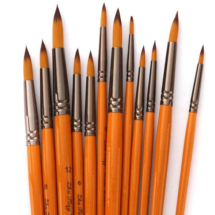 ZHU TING 12 PCS / Set Short Wooden Pole Nylon Hair Watercolor Hook Line Brush Nail Oil Painting Stroke Brush