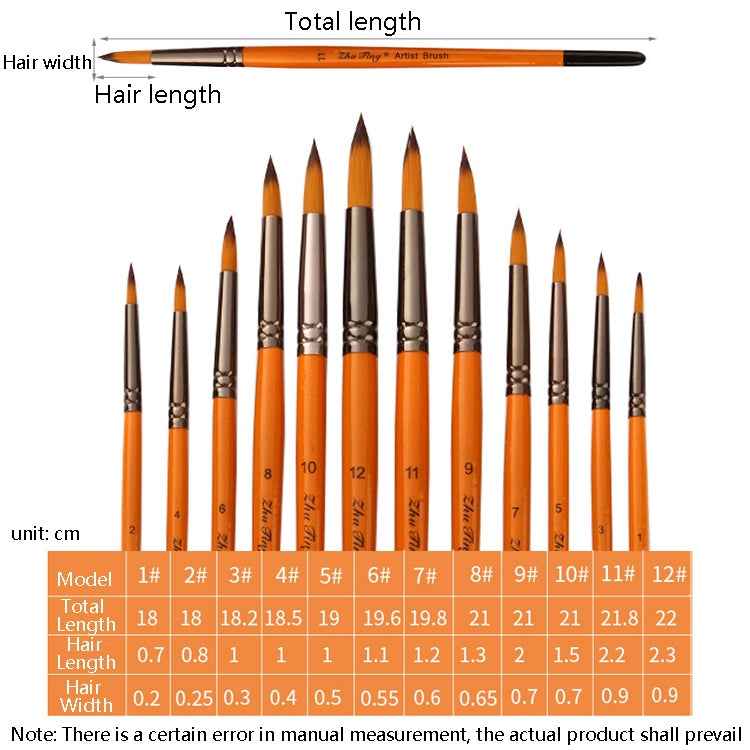 ZHU TING 12 PCS / Set Short Wooden Pole Nylon Hair Watercolor Hook Line Brush Nail Oil Painting Stroke Brush