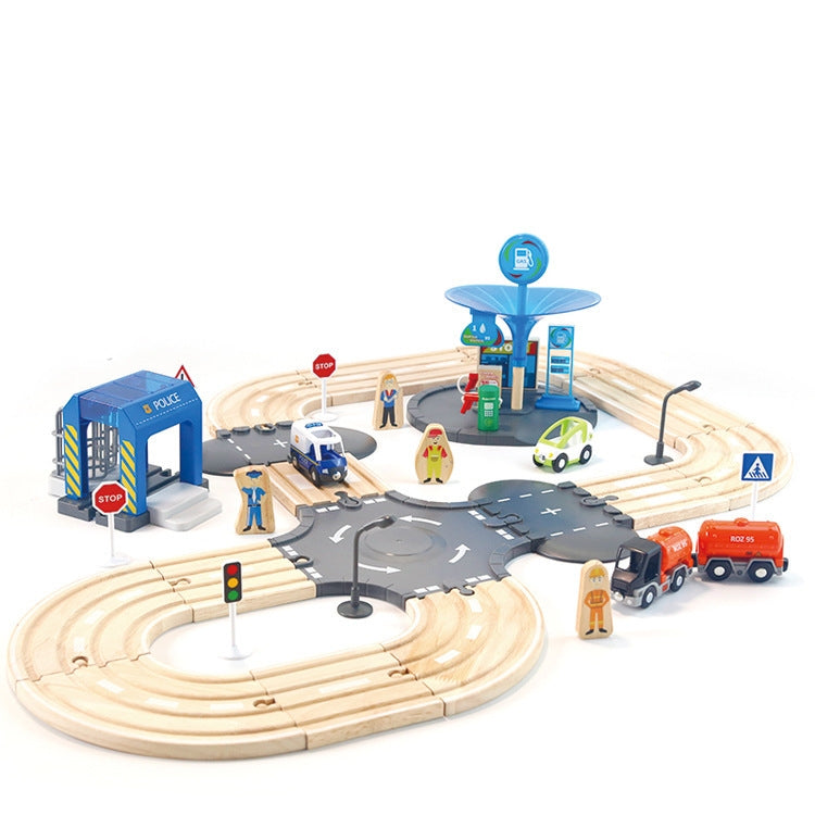 Multifunctional Wooden Police Station Road Track Set Baby Assembling Building Blocks Educational Early Education Toys, Police Station Road Track Set