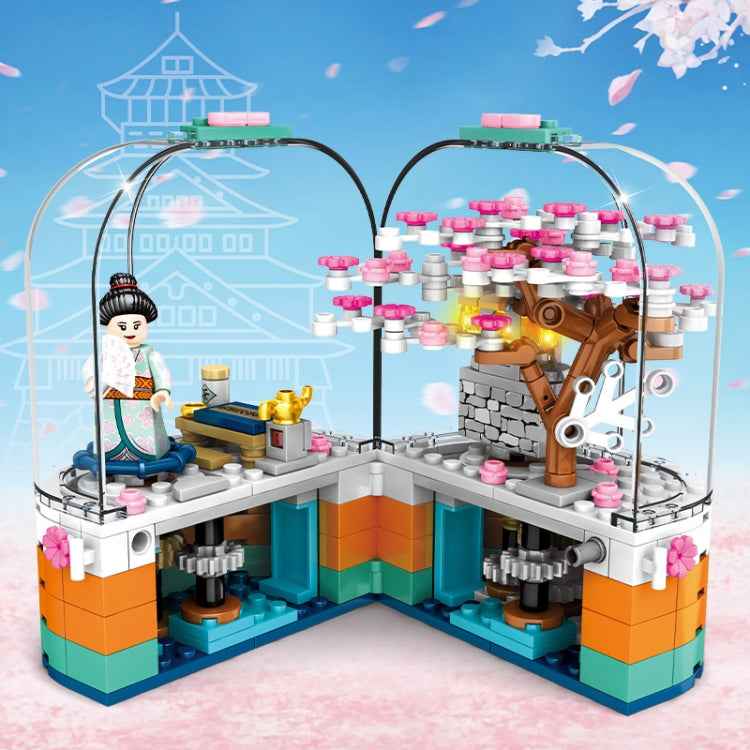 601077 Cherry Blossom Series Transparent Light Rotating Box Puzzle Assembled Toy Small Particle Building Blocks