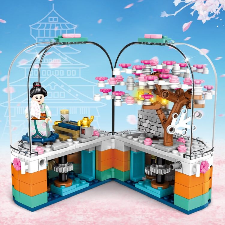 601077 Cherry Blossom Series Transparent Light Rotating Box Puzzle Assembled Toy Small Particle Building Blocks, 601077