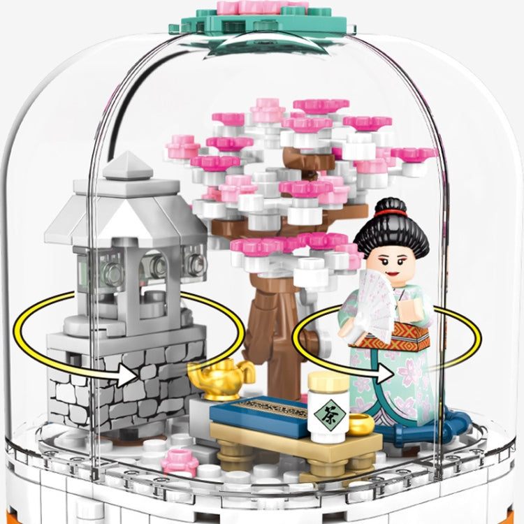 601077 Cherry Blossom Series Transparent Light Rotating Box Puzzle Assembled Toy Small Particle Building Blocks, 601077