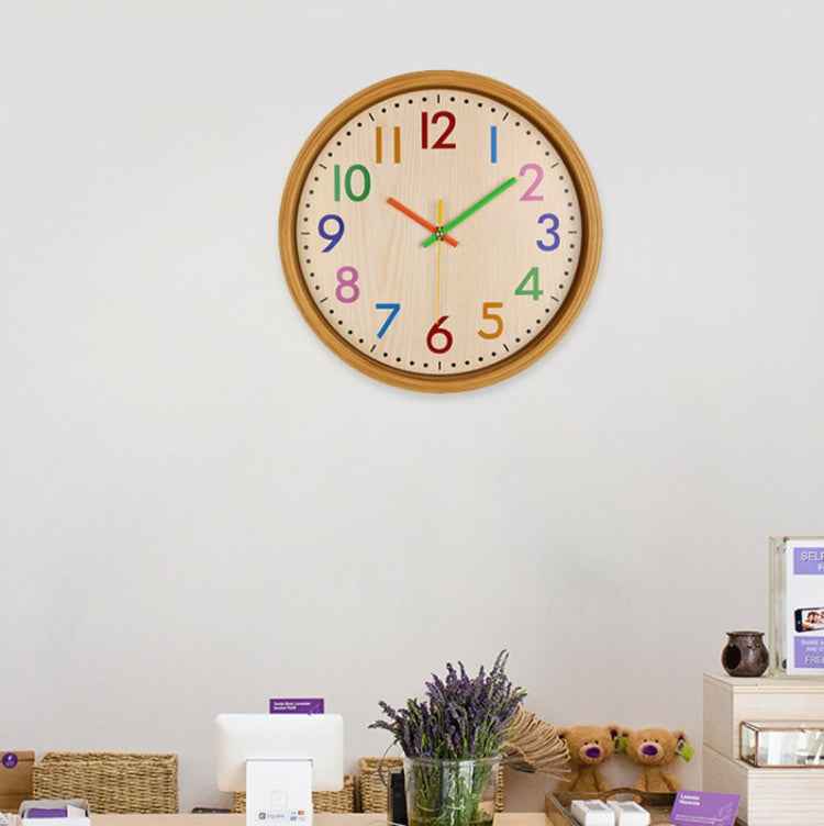 12 Inch Living Room Creative Color Wood Grain Wall Clock Quartz Clock Classroom Children Personality Wall Clock