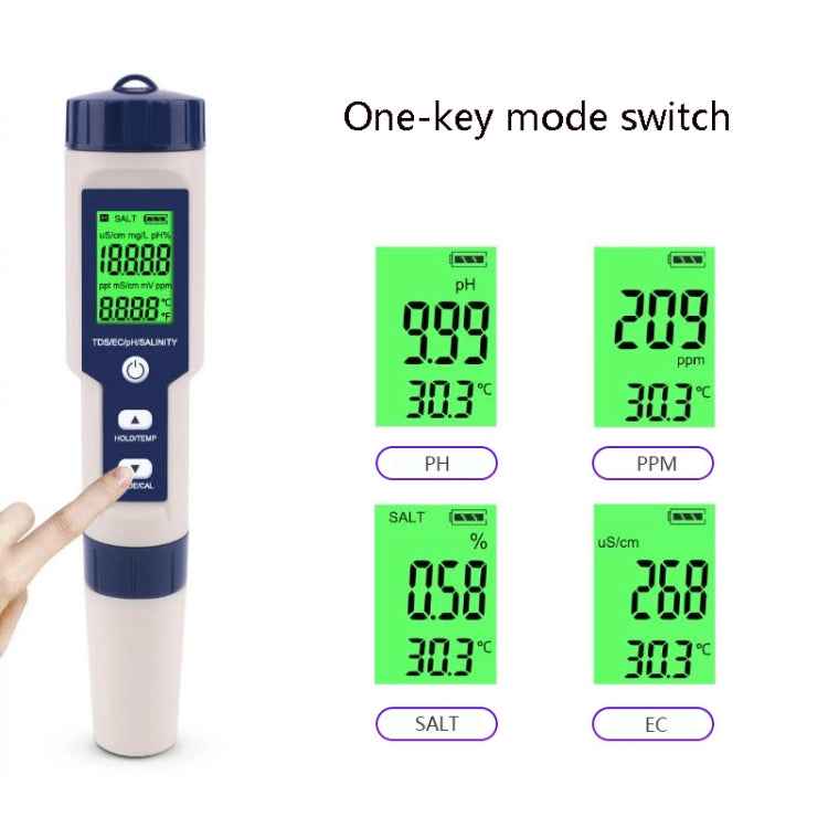 EZ-9909 PH/Salinity/Temperature/TDS/EC 5-in-1 Test Pen Multifunctional Water Quality Detector