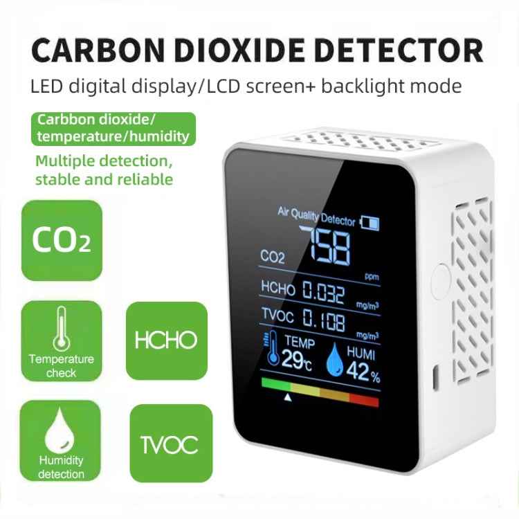 Portable CO2 Air Quality Formaldehyde Carbon Dioxide Detector Indoor Temperature Hygrometer with LED Digital Display