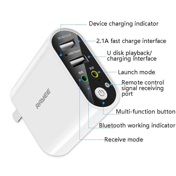 RAYEE K8 Remote Control Version 2 in 1 Bluetooth 5.0 Receiver & Transmitter Audio Adapter Support Fast Charge U Disk, US Plug