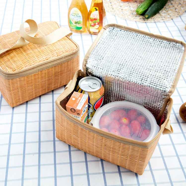 Portable Insulated Thermal Lunch Box Canvas Imitation Rattan Lunch Bag Picnic Container