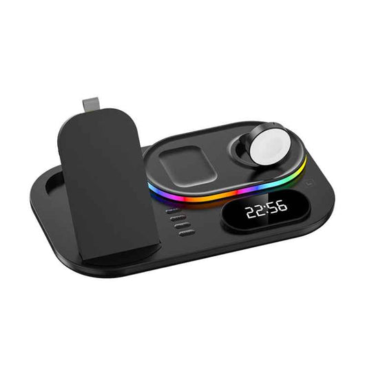 A06 3 in 1 Wireless Charger Fast Charging RGB Atmosphere Light with Clock For Smart Phone & iWatch & AirPods