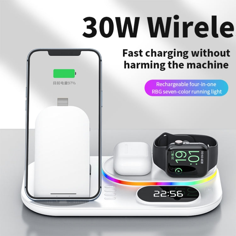 A06 3 in 1 Wireless Charger Fast Charging RGB Atmosphere Light with Clock For Smart Phone & iWatch & AirPods, 3 in 1