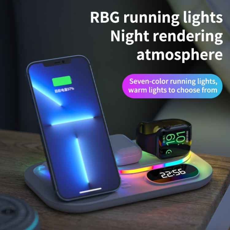 A06 3 in 1 Wireless Charger Fast Charging RGB Atmosphere Light with Clock For Smart Phone & iWatch & AirPods